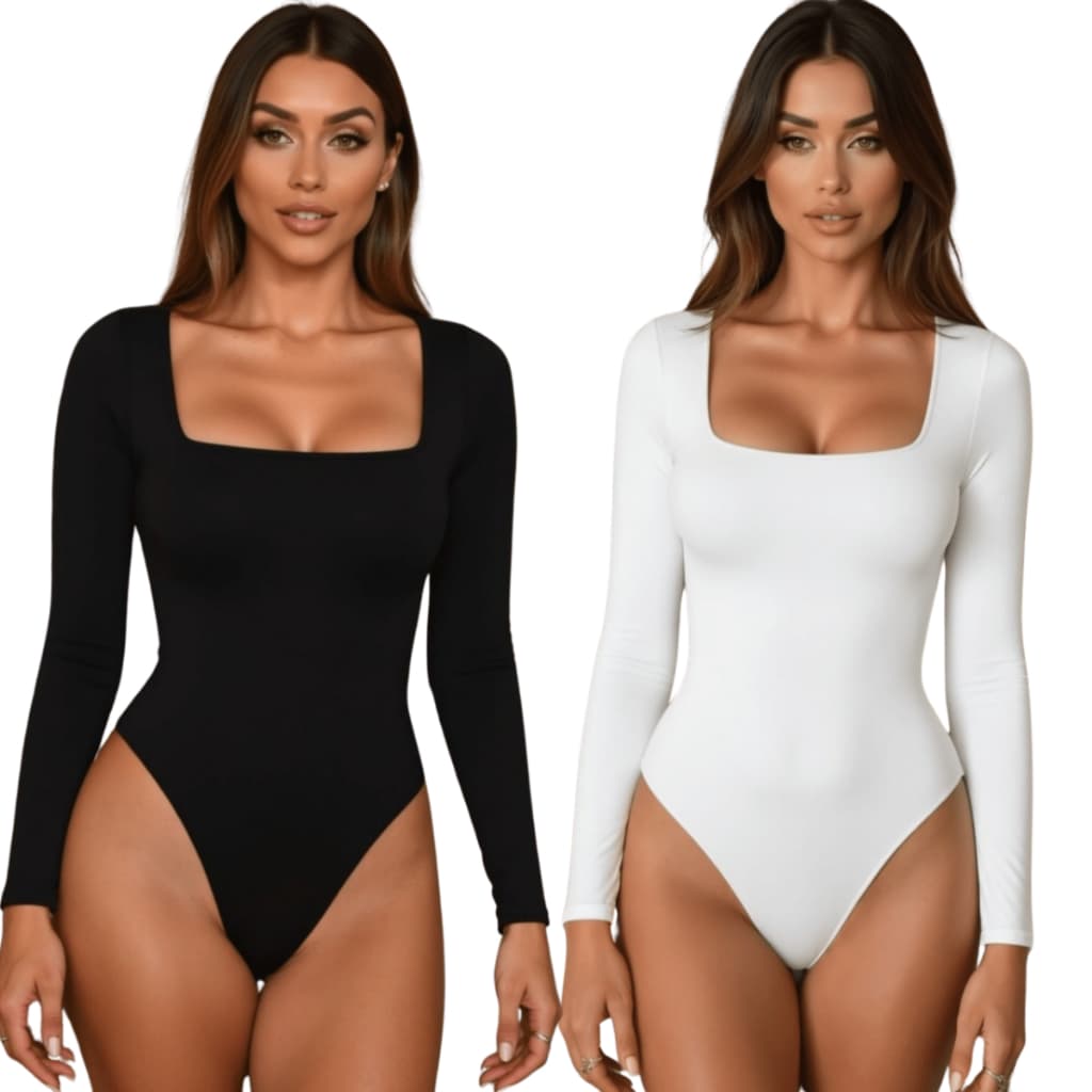 Kit 2 Body Manga Longa Decote Quadrado Suplex Liso Colan Collant