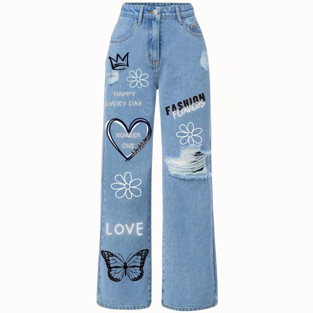 Calça jeans wide leg  com desenho estilo pantalona infantil juvenil 10 aos 16