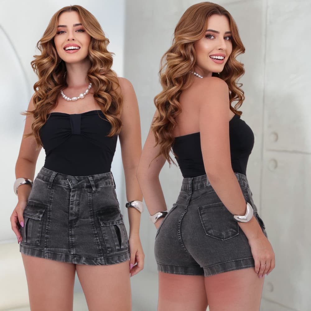 Saia Short Cargo Jeans Feminina Curto Bolsos Frontal Cintura Alta Levanta Empina Bumbum Gringa COM ELASTANO