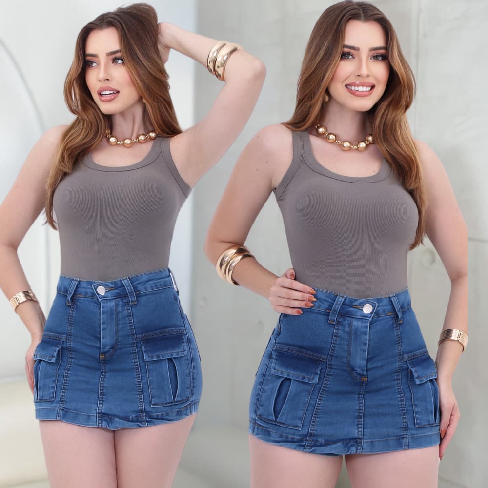 Saia Short Cargo Jeans Feminina Curto Bolsos Frontal Cintura Alta Levanta Empina Bumbum Moda Gringa COM ELASTANO