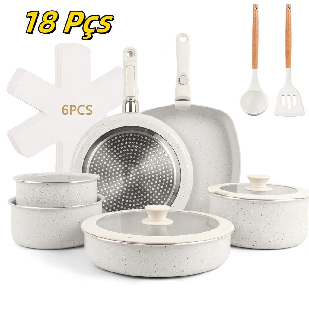 Jogo de Panelas de 18 Peças com Fundo Triplo Cerâmico, para Indução e Gás, com Cabo Removível