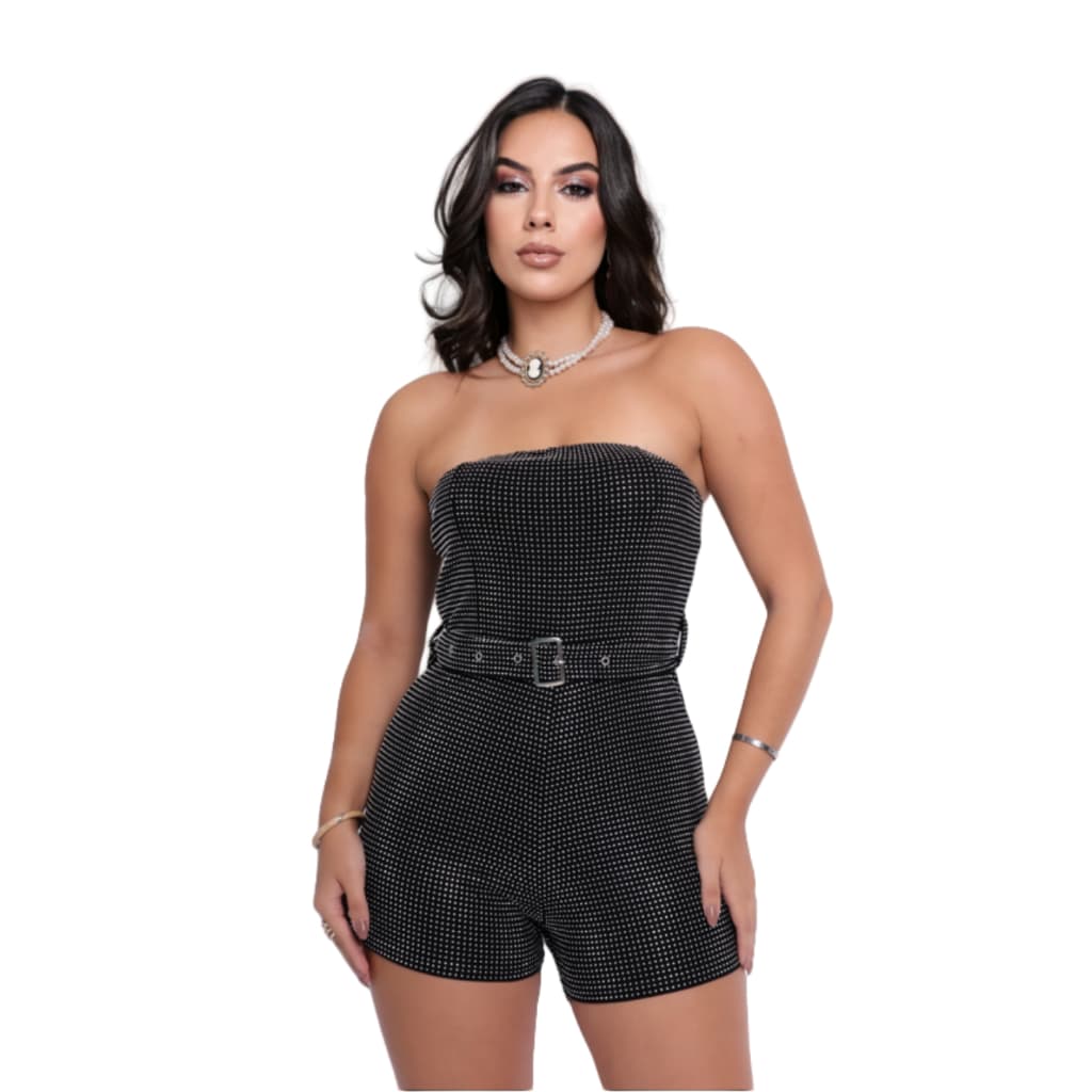 Macaquinho Curto com Strass Brilhante + Bodycon Ajuste Perfeito! ✨ Para Festas, Casamentos e Noites Especiais T2404-151