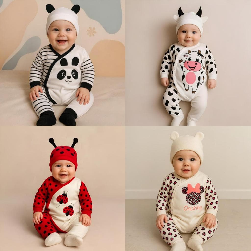 Macacão Bebê Bichinhos + Touca Kit 2 Peças Inverno manga longa