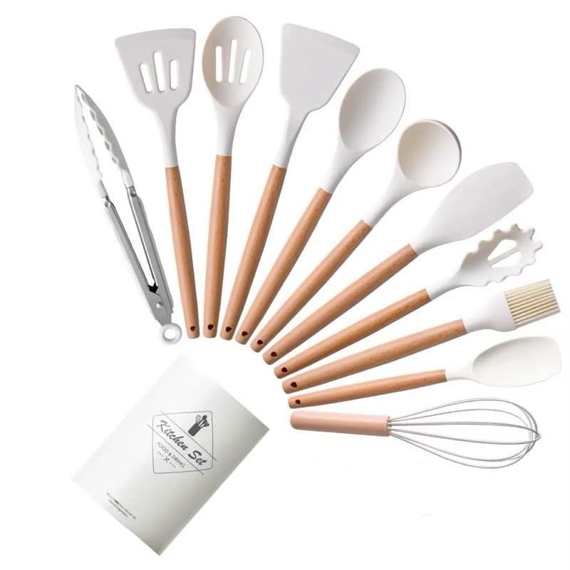 Kit Utensílios De Cozinha Jogo 12 Peças Cabo Madeira E Silicone