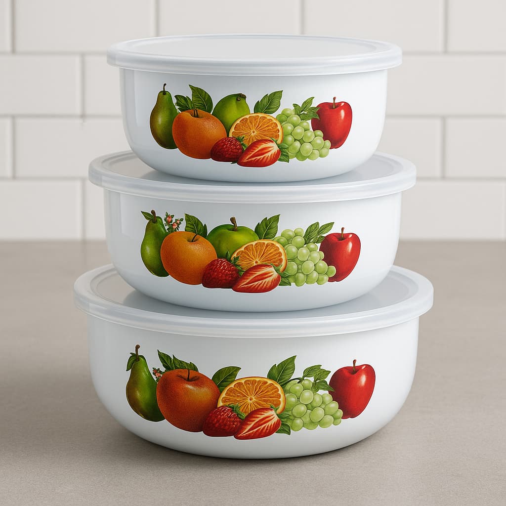 3 Tigelas De Armazenamento De Alimentos Esmaltadas Com Tampa