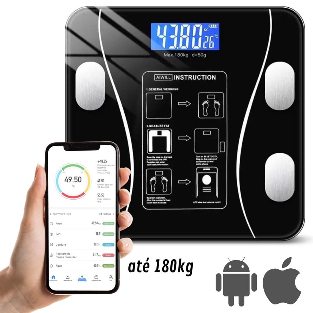 Balança Bioimpedancia Digital Bluetooth Corporal até 180kg Resultado Pelo Celular com Memoria