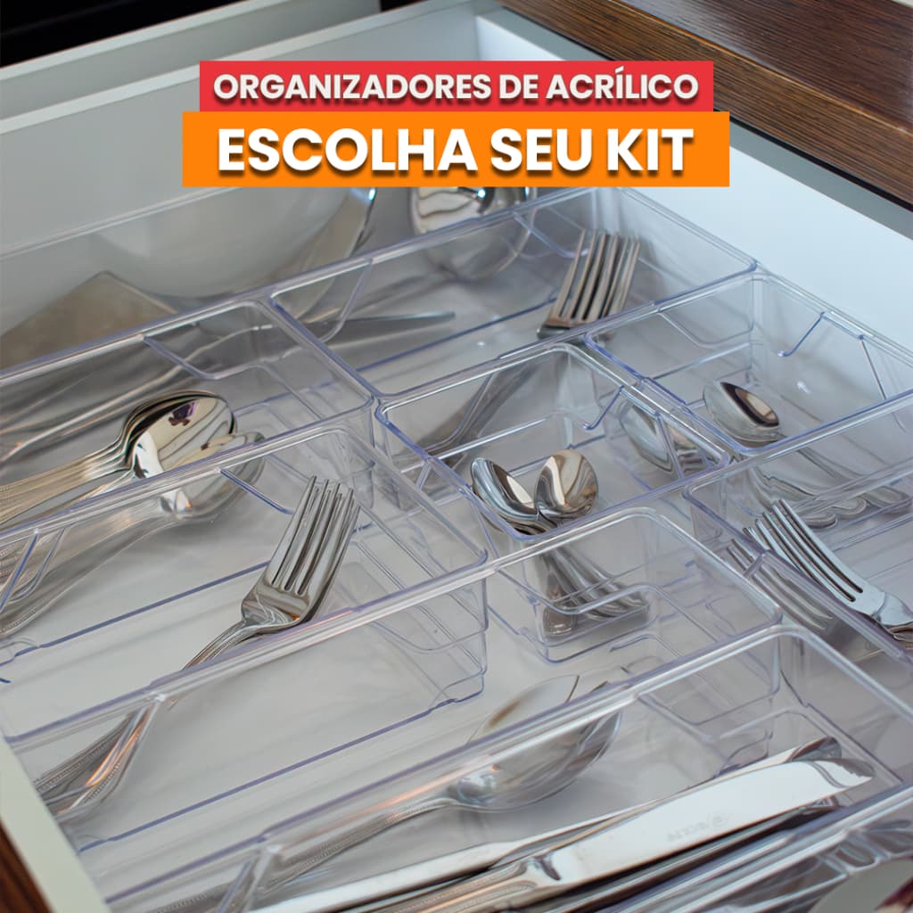 Kit de Organizadores de Acrílico Multiuso para Gavetas, Geladeira, Talher, Maquiagem Empilhavél Varios Tamanhos