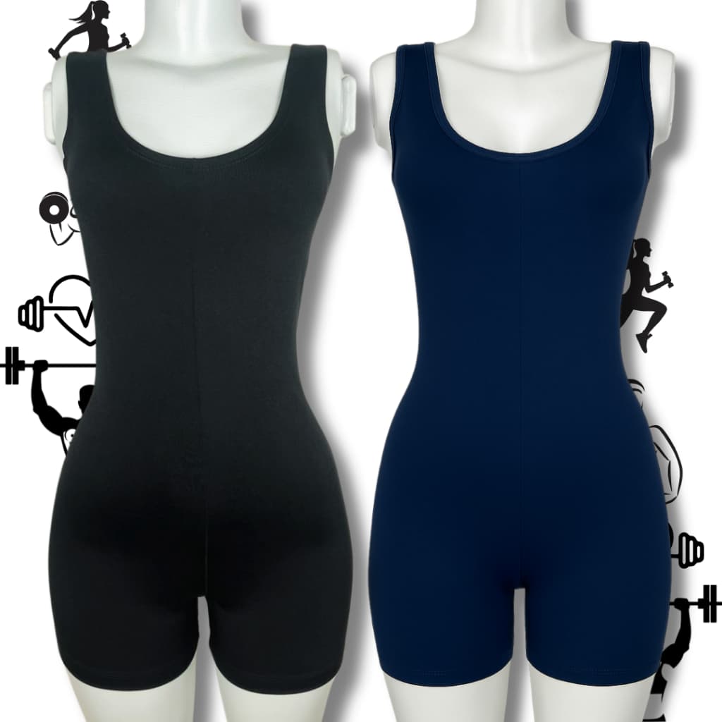 Macacão Fitness Preto/Azul Reforçado Decote Costas Moda Academia Yoga Treino Levanta Bumbum