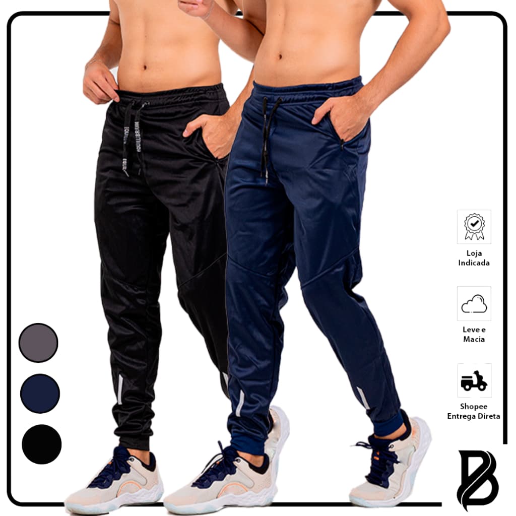 Kit 2 Calça Masculina Jogger Academia Esportiva Casual Poliester C/REFLETIVO ZIPER BOLSO DRYFIT