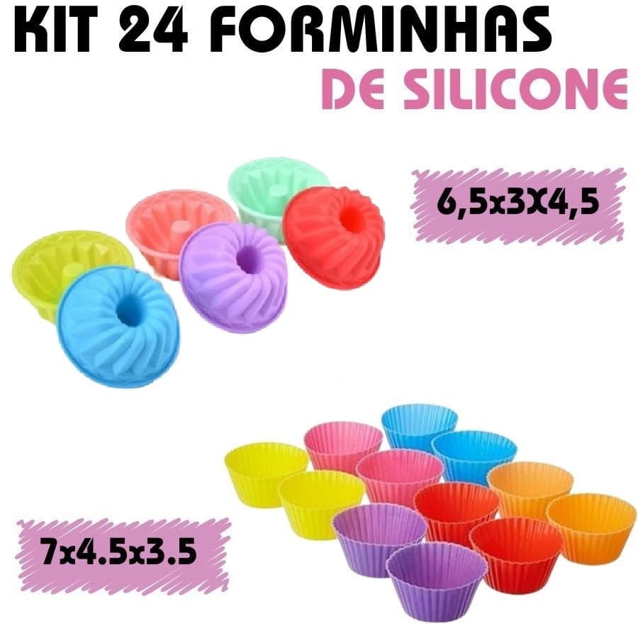 Oferta Kit 24 Forminhas De Silicone Para Bolinho Cupcake 7x4.5x3.5 E 6,5x3X4,5 Coloridos Multiuso