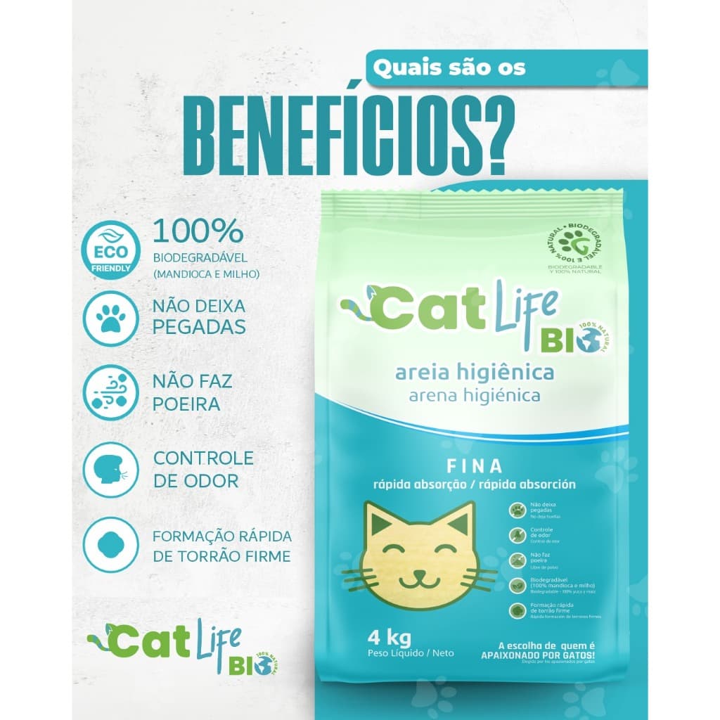 Areia Biodegradável Cat Life Bio Fina 4 Kg - Absorção Rápida