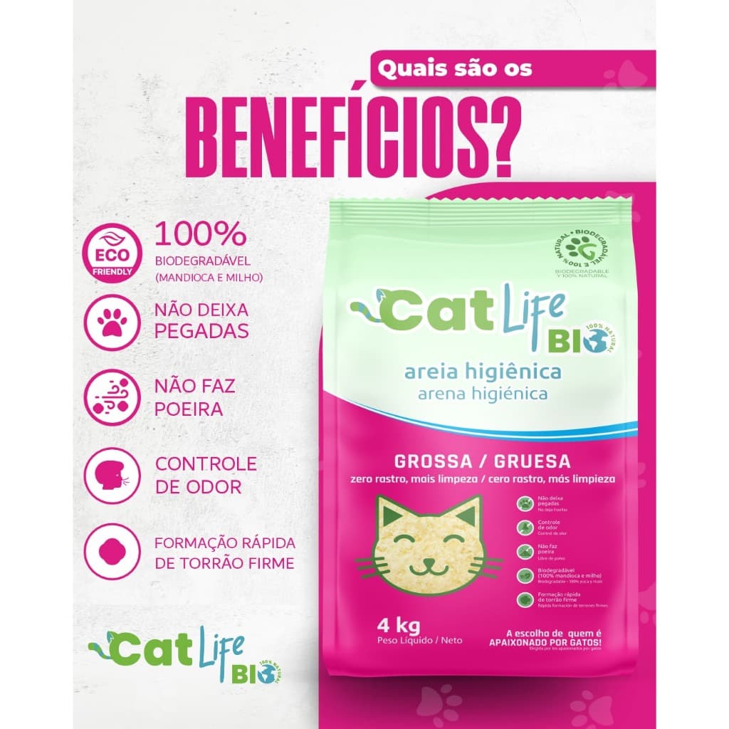 Areia Biodegradável Cat Life Bio Grossa 4 Kg - Zero Rastro