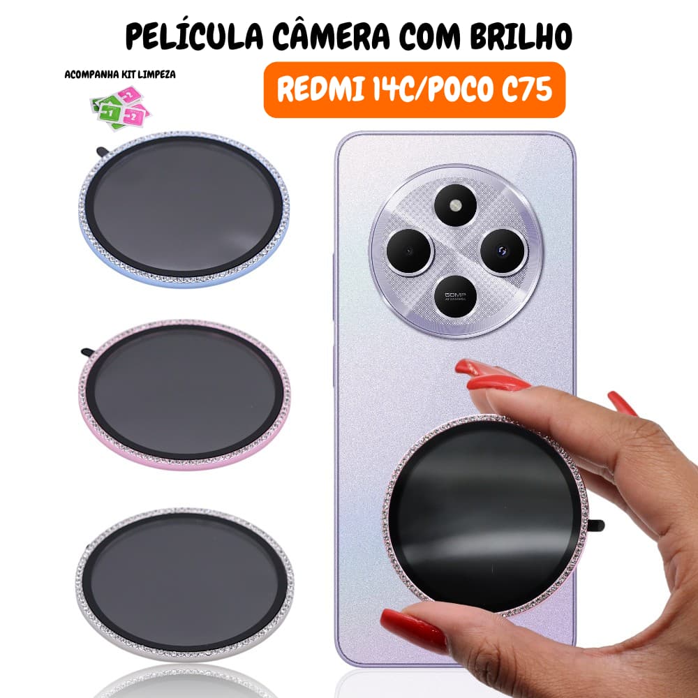 Película Protetora da Câmera Colorida Com Strass Brilho para Redmi 14C / Poco C75