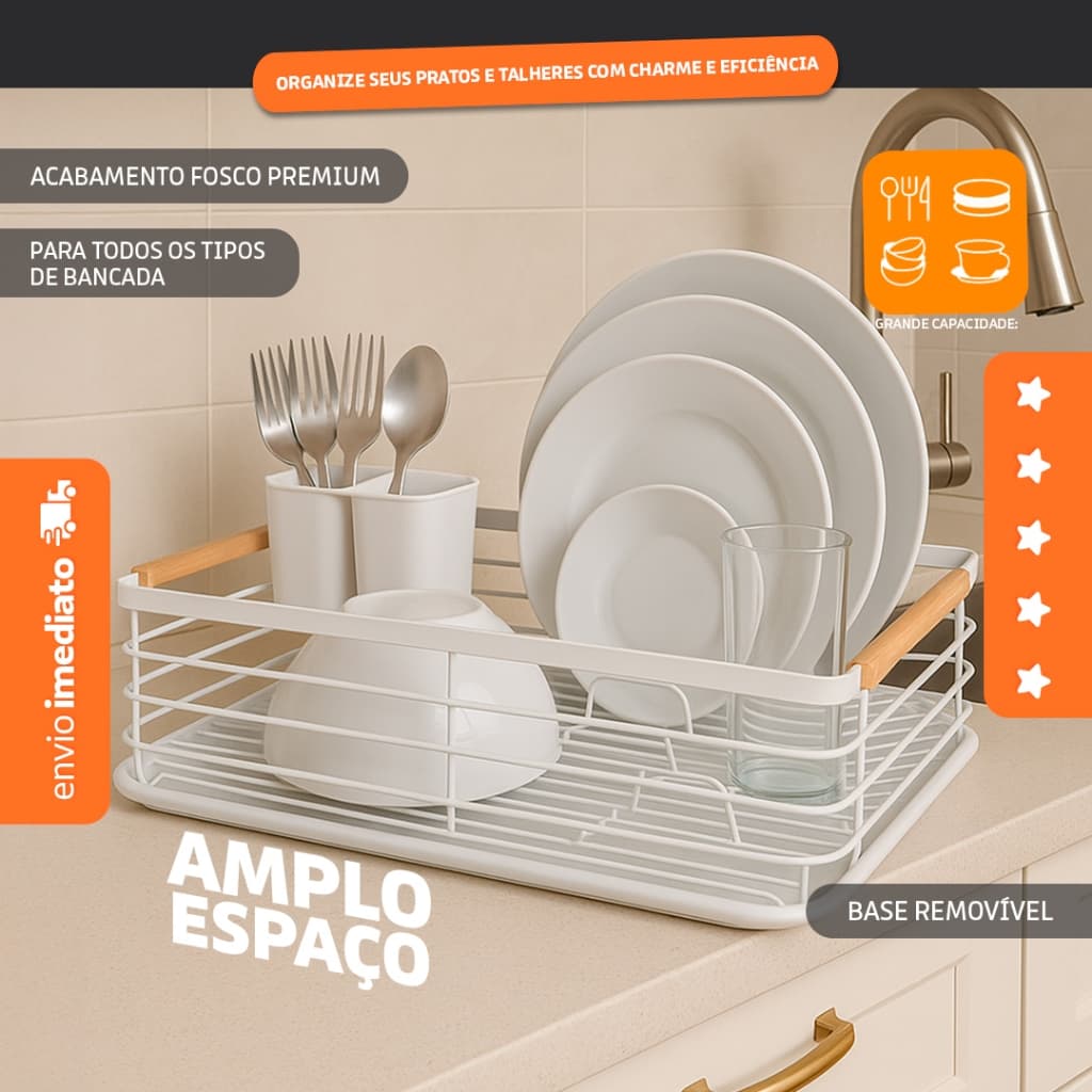 Escorredor Louças Branco Para Pia- Prato Talher Alça Madeira - Bhz Store