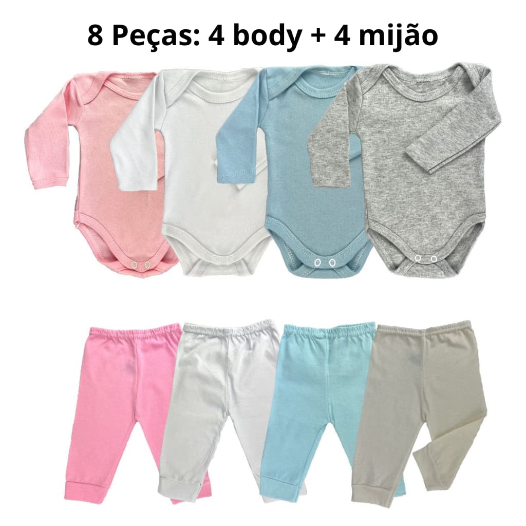 Kit 8 peças mijão calça e body manga longa infantil bebe feminino e masculino