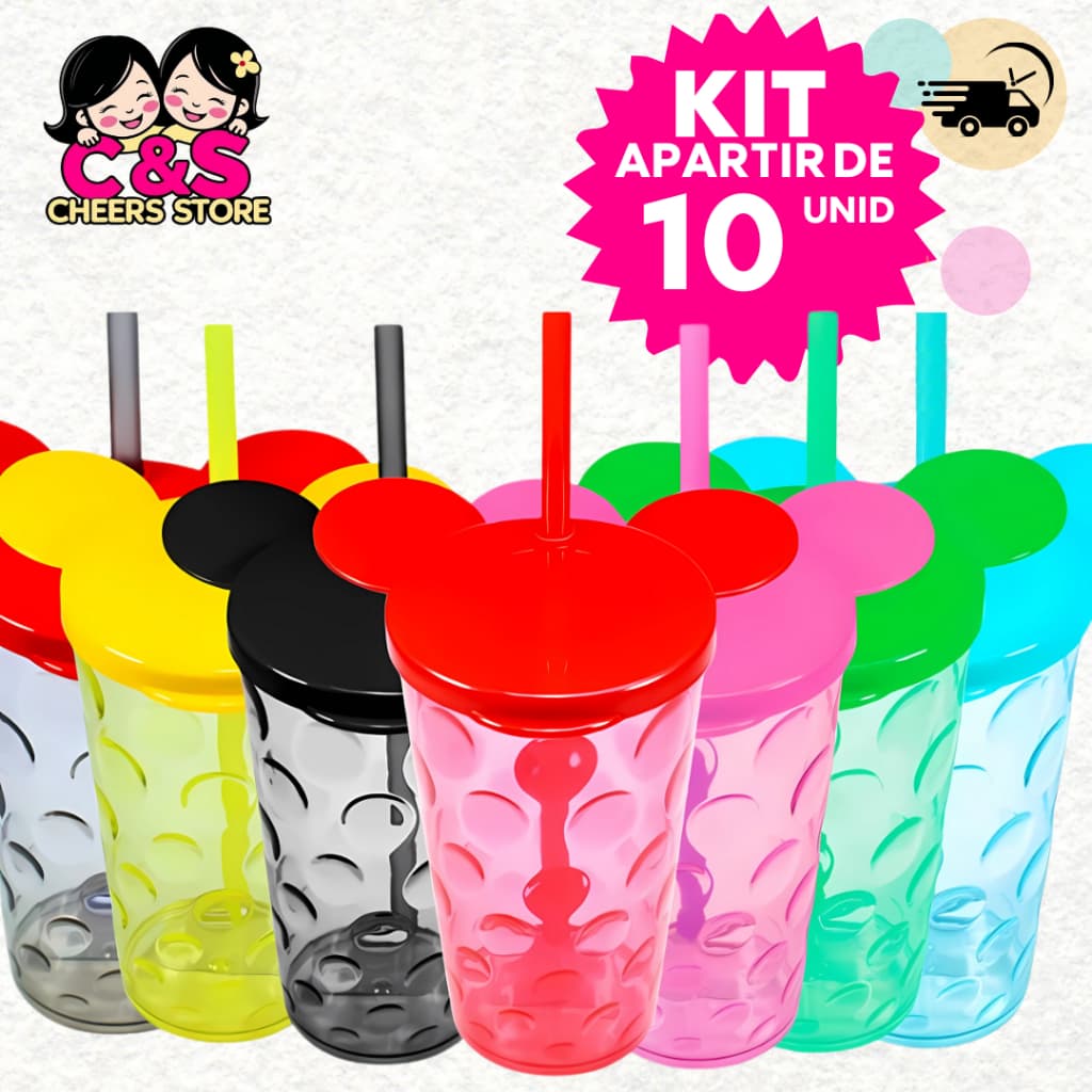 Kit apartiir de 10 Copos Com Tampa Mickey Liso e Canudo 500 ML Festa