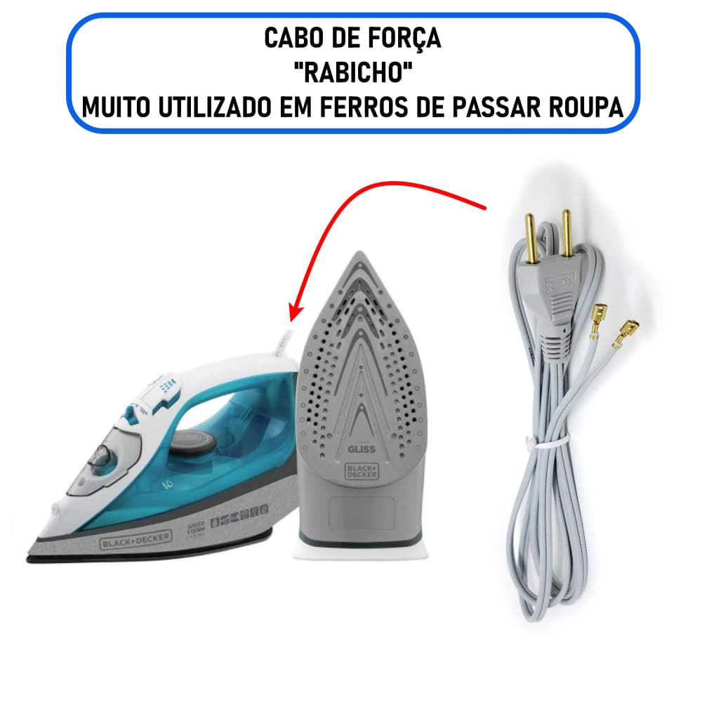Cabo de Força / Rabicho para Ferro de Passar – 110/220V / 10A – 1,80 Metros – Cinza