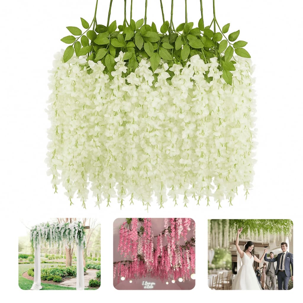 Kit 12 Galhos Flor Cerejeira Artificial Grande Pendente Corrente Ramos Decoração Branco Rosa