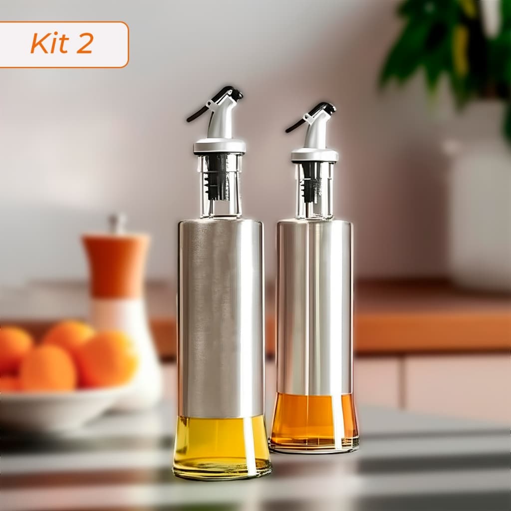Kit 2 Galheteiro Porta Azeite Óleo Vinagre 300 ML Bico Dosador Aço Inox Vidro