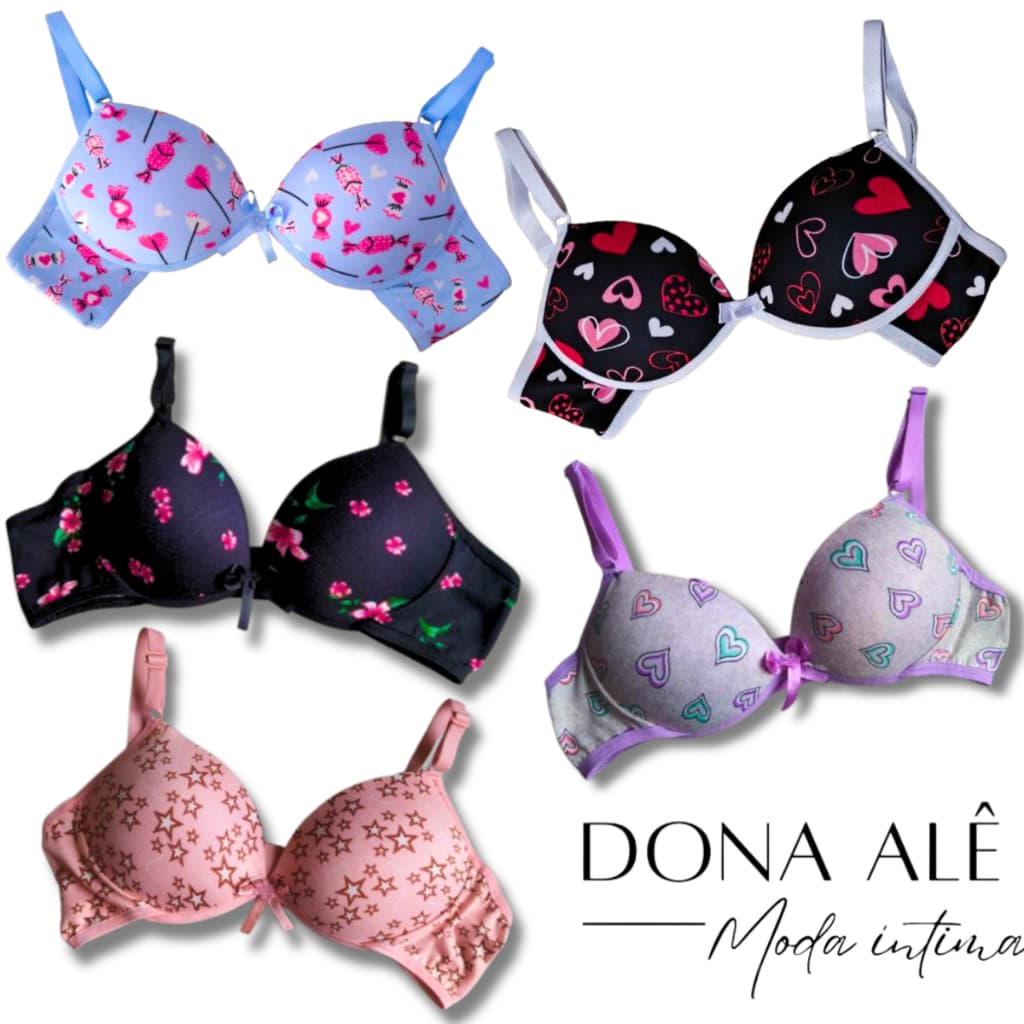 kit 5 Sutiã Estampado Menina Moça Juvenil Com Bojo