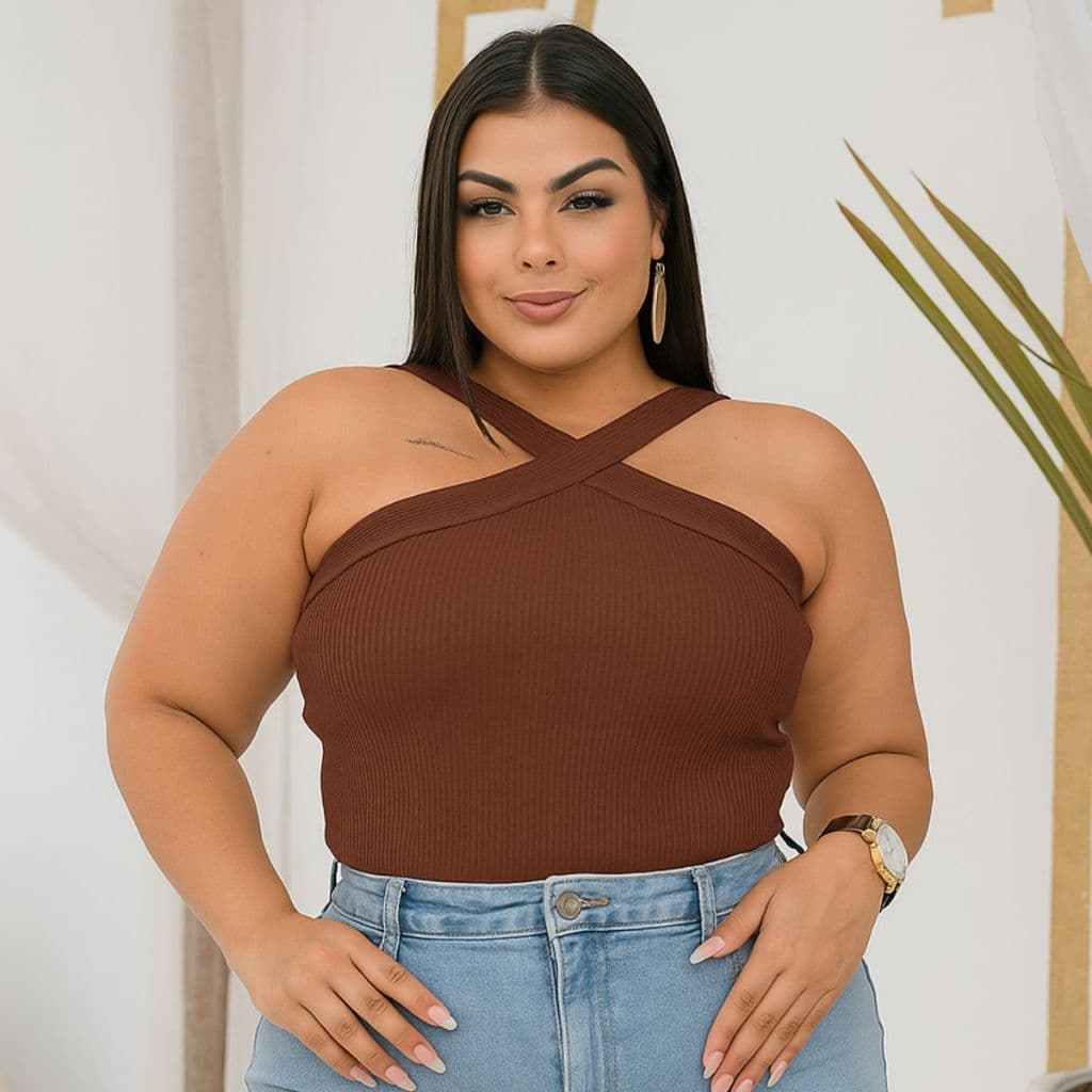 Blusa Plus Size Trançada no Pescoço Com Elasticidade Tamanho Grande 44 a 50