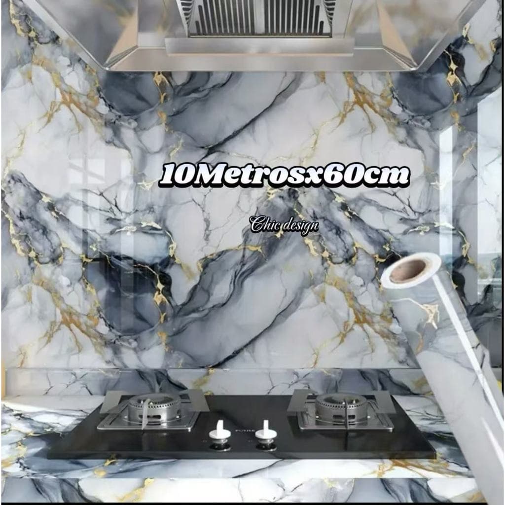 Papel de parede Adesivos para cozinha Brilhante Mármore Azul Dourado 10 Metro x 60 cm Resistente a Agua/Óleo