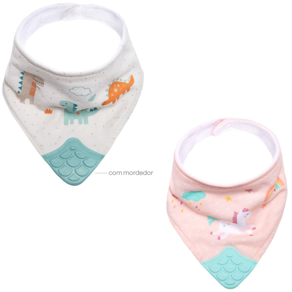 Babador Bandana Bebê com Mordedor Dino Unicórnio Buba Fecho velcro