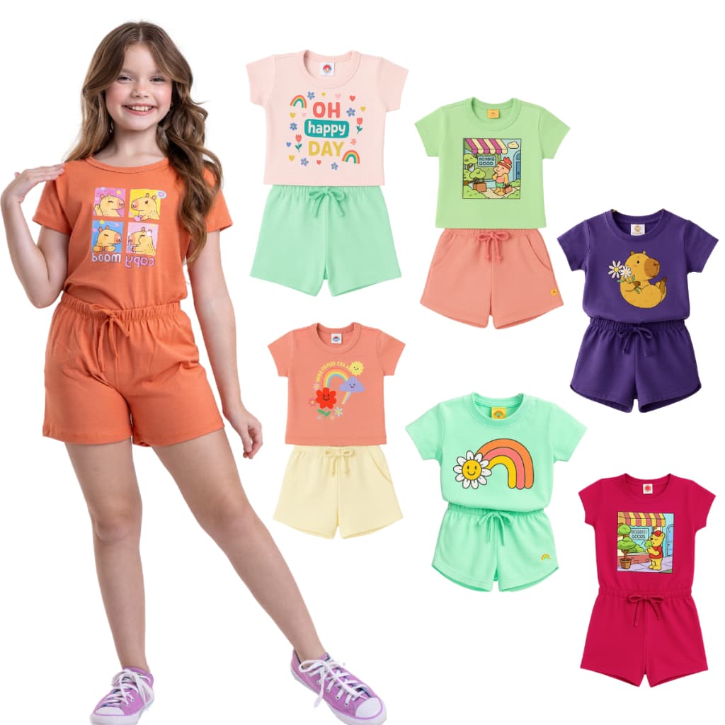 Conjunto Infantil Menina Verão 6 Peças Camiseta e Short Tamanhos 2 ao 16 Conjuntos juvenil Menina CJ