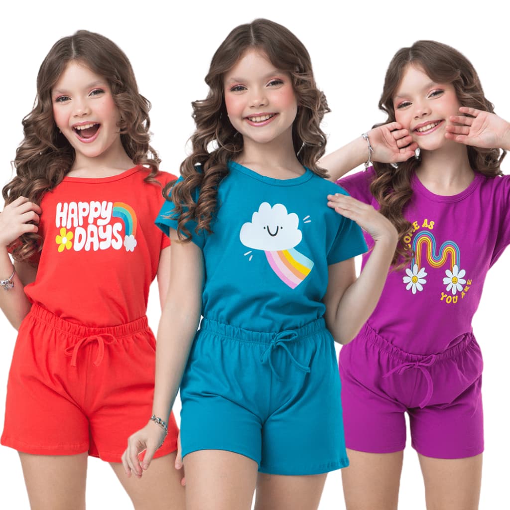 Kit Sortido 06 Peças de Roupas Infantil Menina 3 Camisetas + 3 Bermudas Kit com 3 Conjuntos de Roupa Infantil Menina