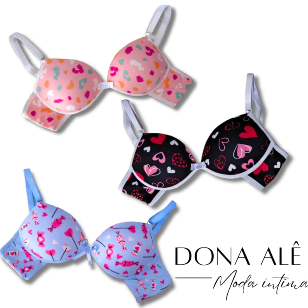 kit 3 Sutiã Estampado Menina Moça Juvenil Com Bojo
