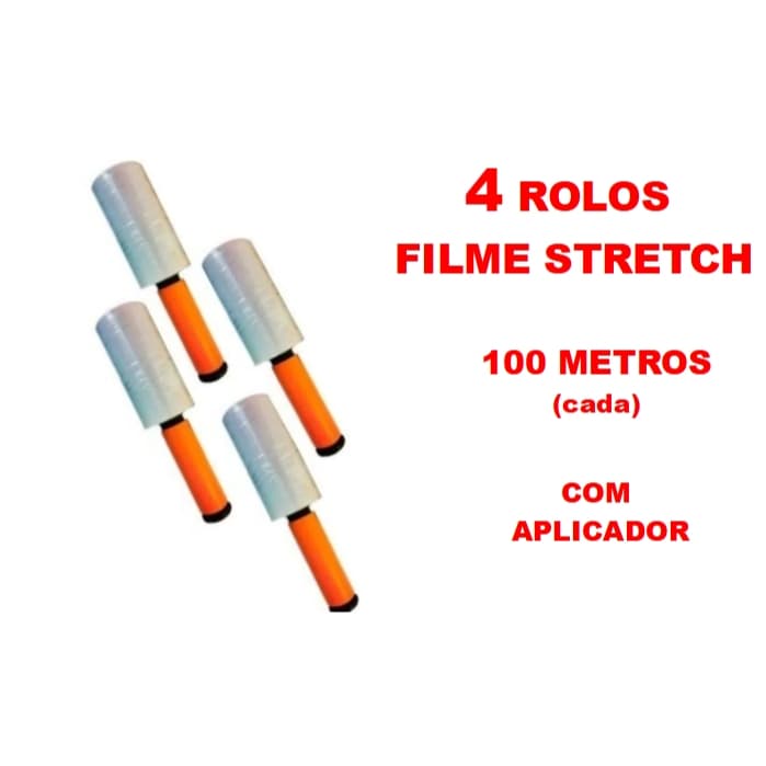4 Rolos Filme Stretch C/ Cabo Adaptador (10cm) 100 Metros (cada)