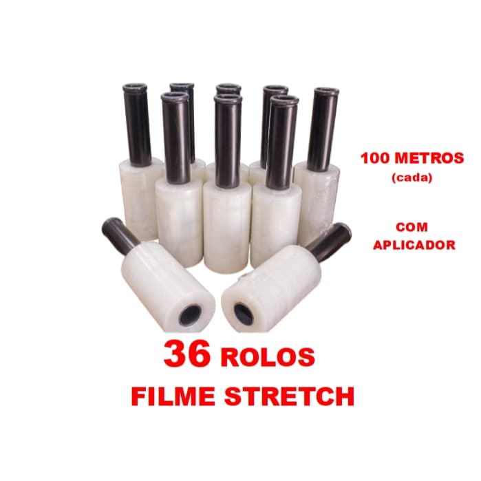 36 Rolos Filme Stretch C/ Cabo Adaptador (10cm) 100 Metros (cada)