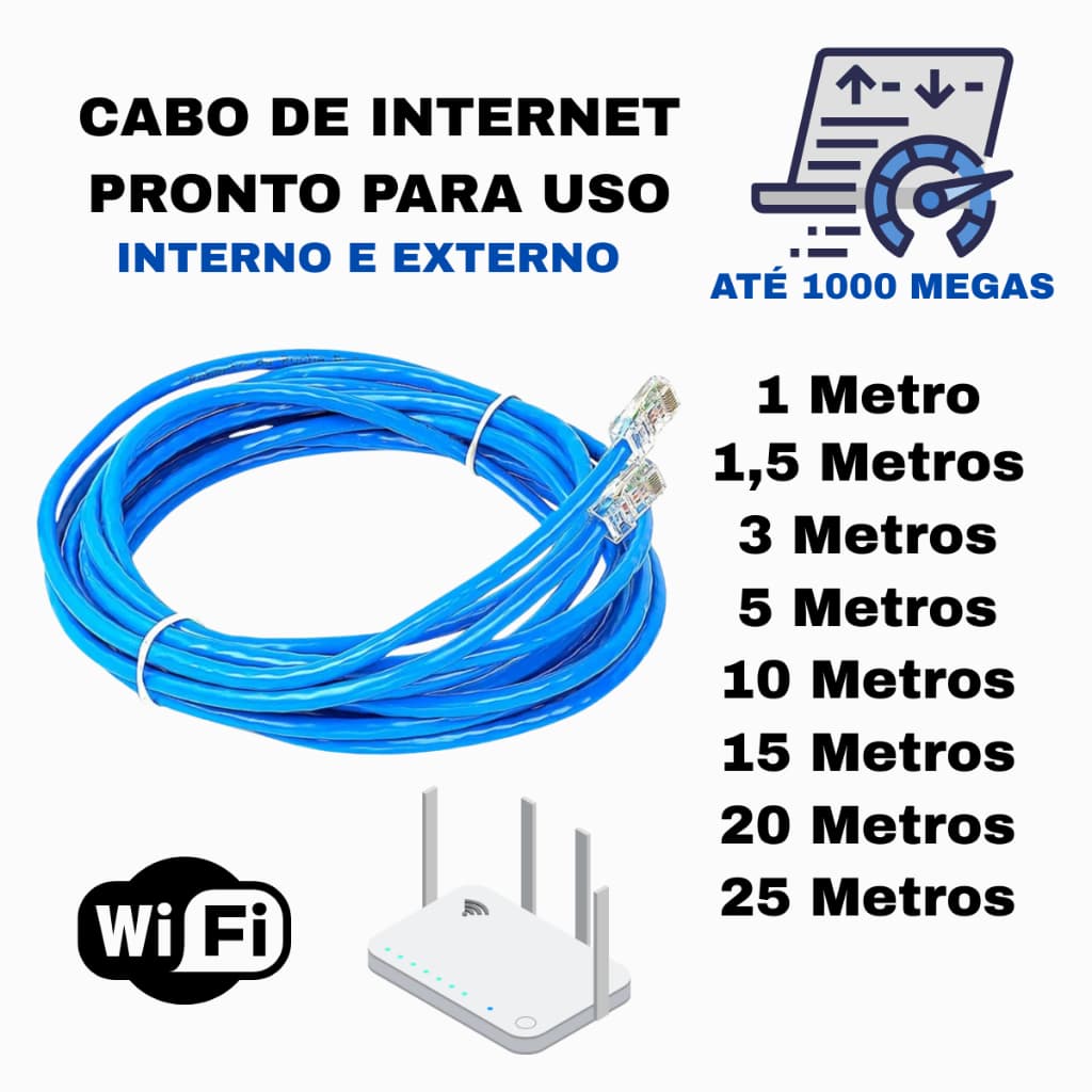 Cabo De Rede Azul RJ45 CAT5 Pc Notebook Roteador Smart Tv Game Tvbox 1/1,5/3/5/10/15/20/25 Metros
