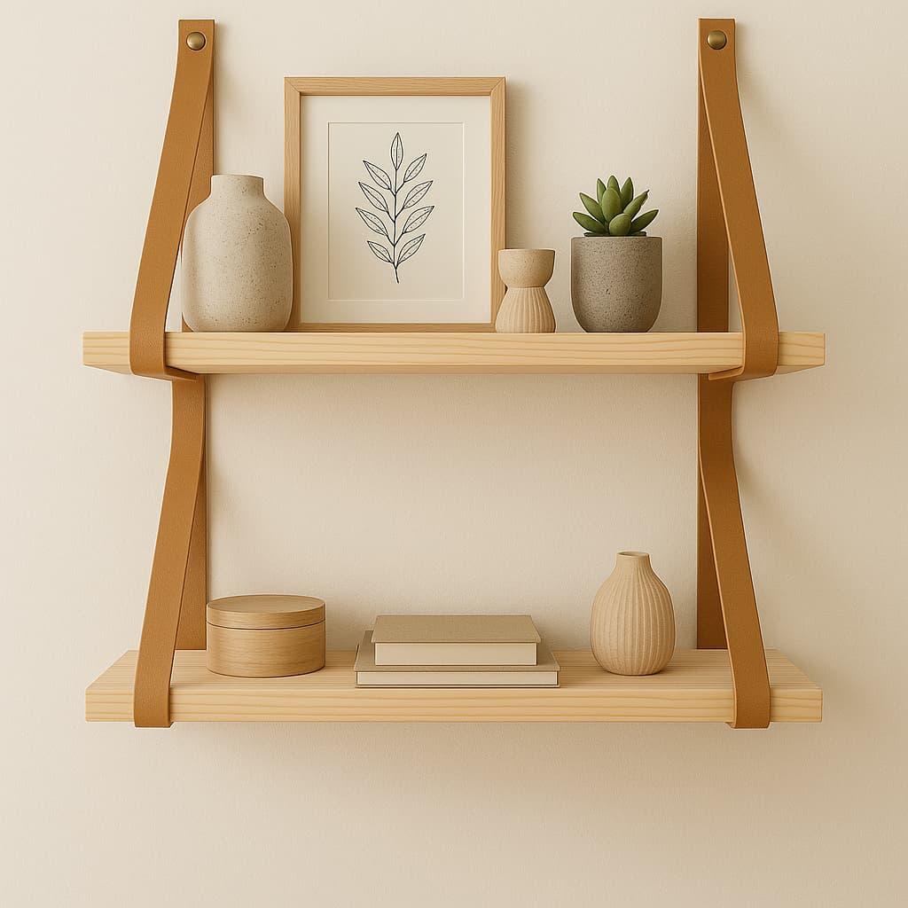 Kit 2 Prateleiras em pinus e alças de couro