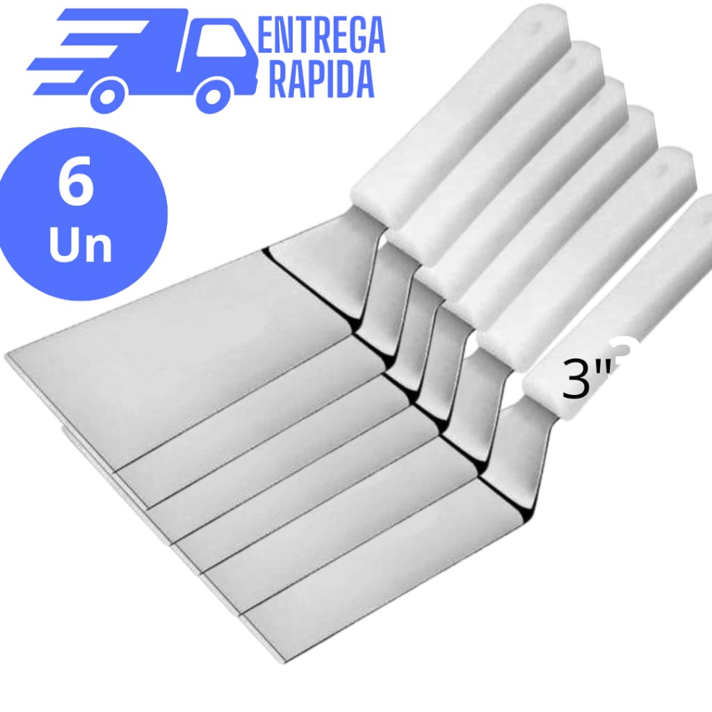Kit 6 Espátula Chapeiro Profissional  Curva em Aço Inox 3 polegadas- Cozinha Burger Churrasco