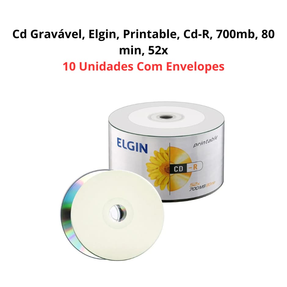 Cd Gravável, Elgin, Printable, Cd-R, 700mb, 80 min, 52x - 10 Unidades Com Envelopes