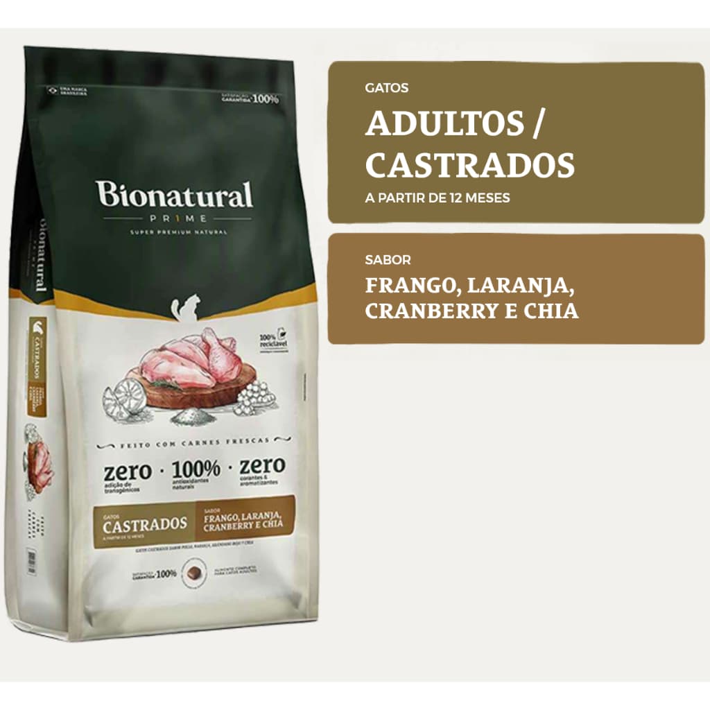 Ração Bionatural Prime Gatos Castrados sabor Frango 20 KG