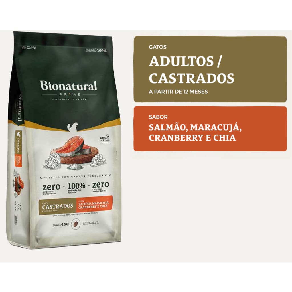 Ração Bionatural Prime Gatos Castrados sabor Salmão 20 KG