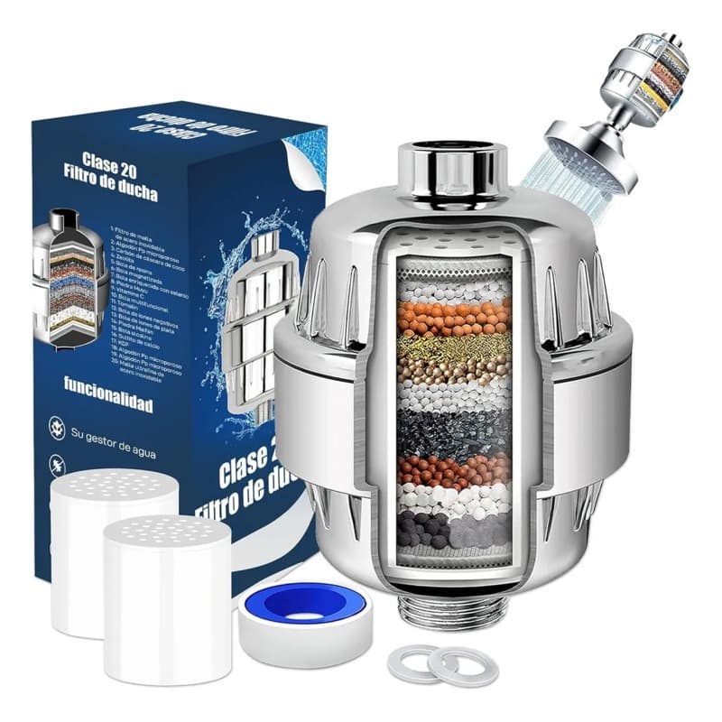 Filtro Anticloro Para Chuveiro E Torneira Cromado De 20 Estágios Água Dura Amaciante Aço Inoxidável Cabeça Com 2 Cartuch