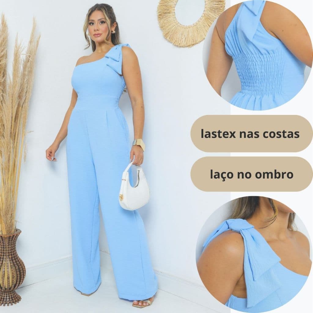 macacão feminino festa casual longo laço no ombro com lastex