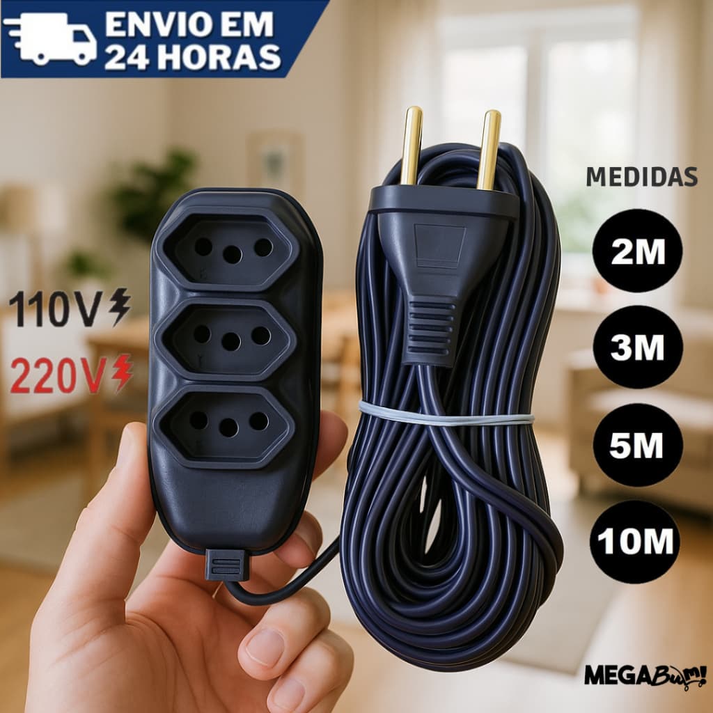 Extensão elétrica 3 Tomadas Compacta Atacado vários tamanhos
