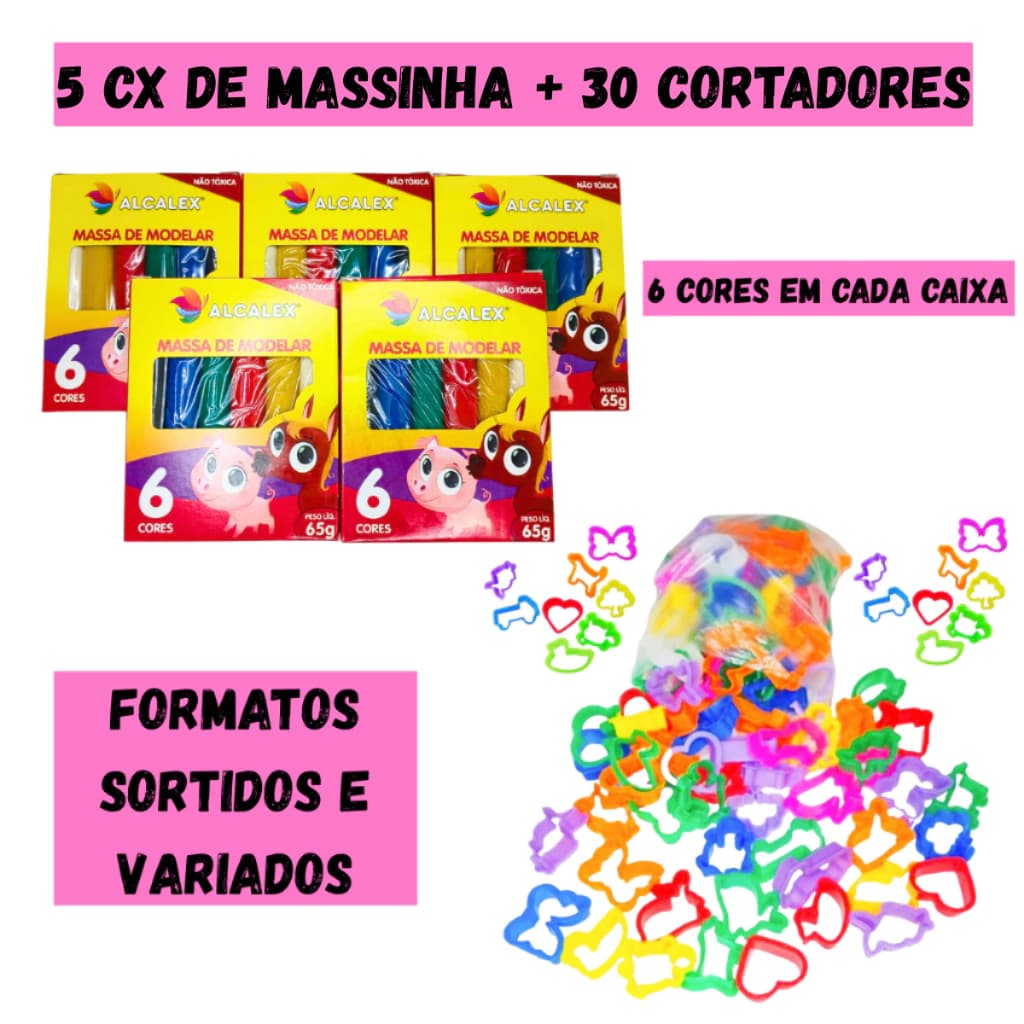 Kit 30 Massinha de Modelar + 30 Cortador Molde p/ Kit Festa Lembrancinha Infantil Sacolinha