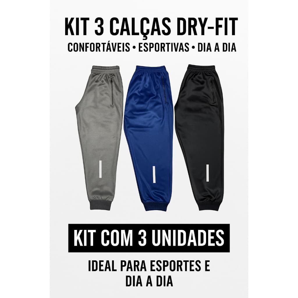 Kit com 1 ou 3 calças Jogger Dry-Fit Esportivas Sortidas Para Treinos e Dia-Dia Lançamento