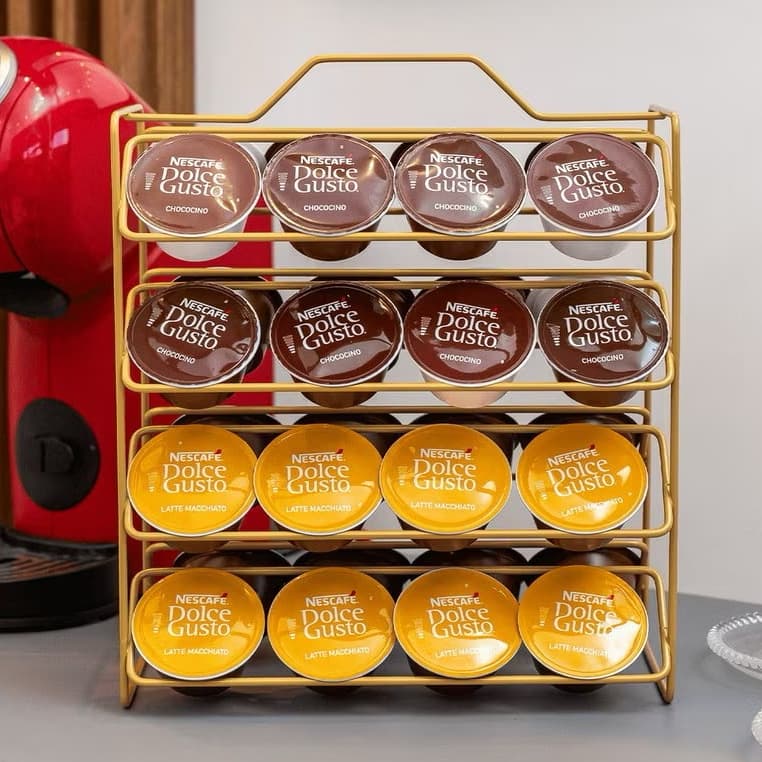 Suporte Cápsulas de Café Dolce Gusto 32 unidades Porta Reforçado Preto Dourado Organizador Suporte bancada
