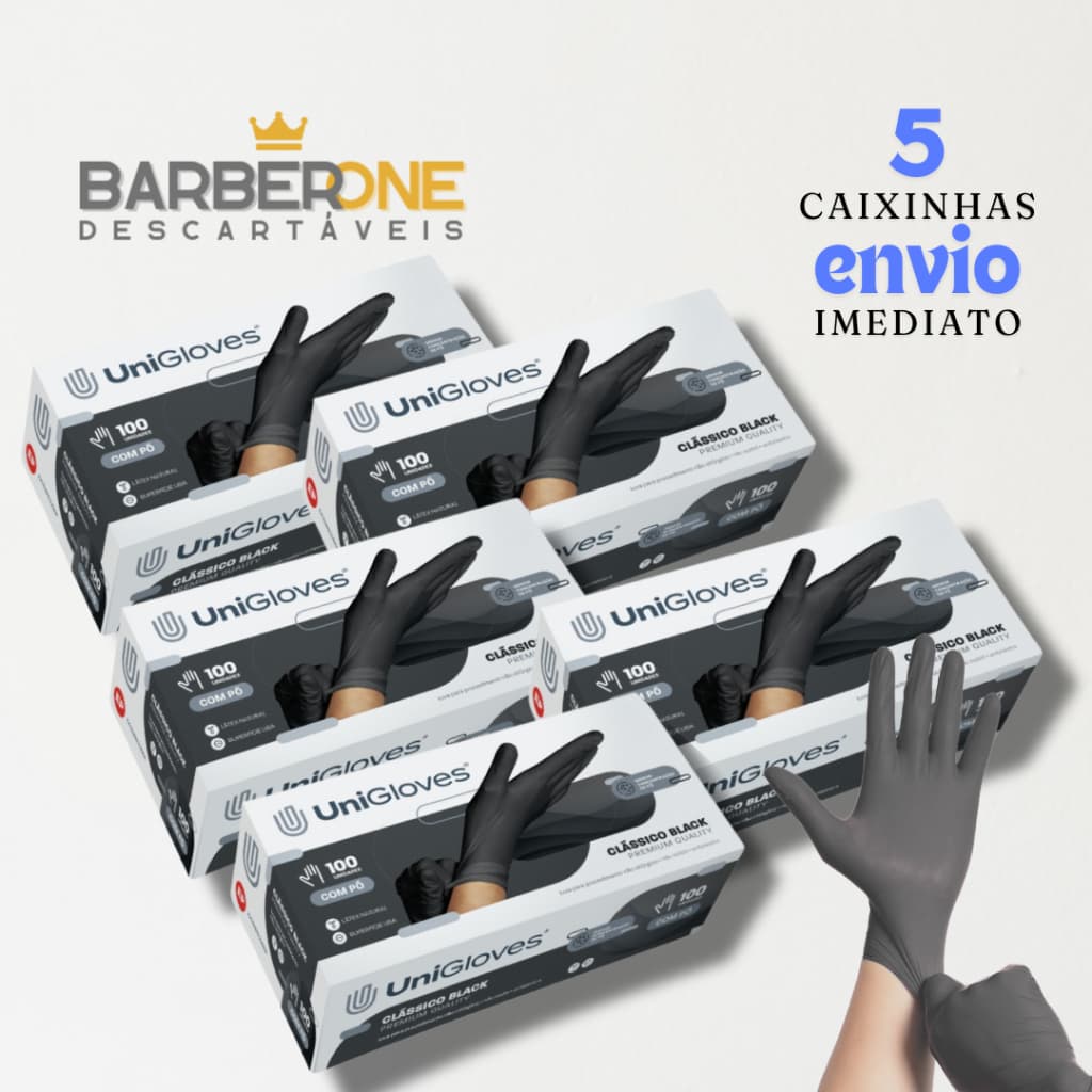 LUVAS DE LATEX COM POUCO TALCO UNIGLOVES CLASSICO BLACK - 5 CAIXINHAS - 500 UNIDADES