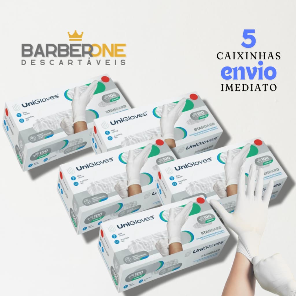 LUVAS DE LATEX COM TALCO UNIGLOVES STANDARD - 5 CAIXINHAS -500 UNIDADES