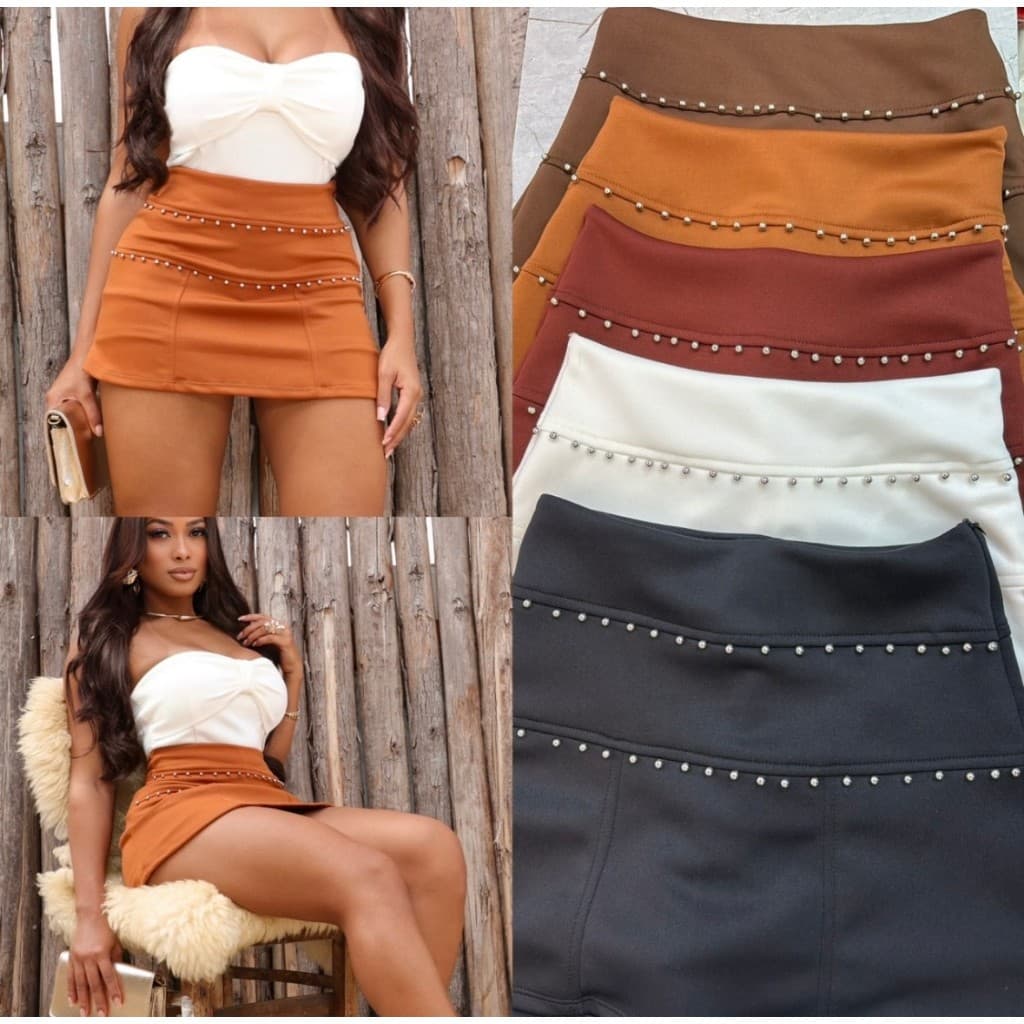 Short Saia Feminino com Pedrinhas Prateadas Ziper na Lateral  –  Neoprene Casual Chic exclusivo tendencia 2025 promoção
