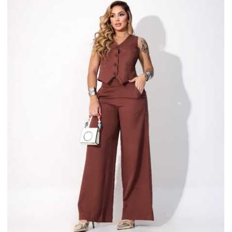 Conjunto Social Feminina Calça Pantalona Colete Botões Calça Larga Cintura Alta