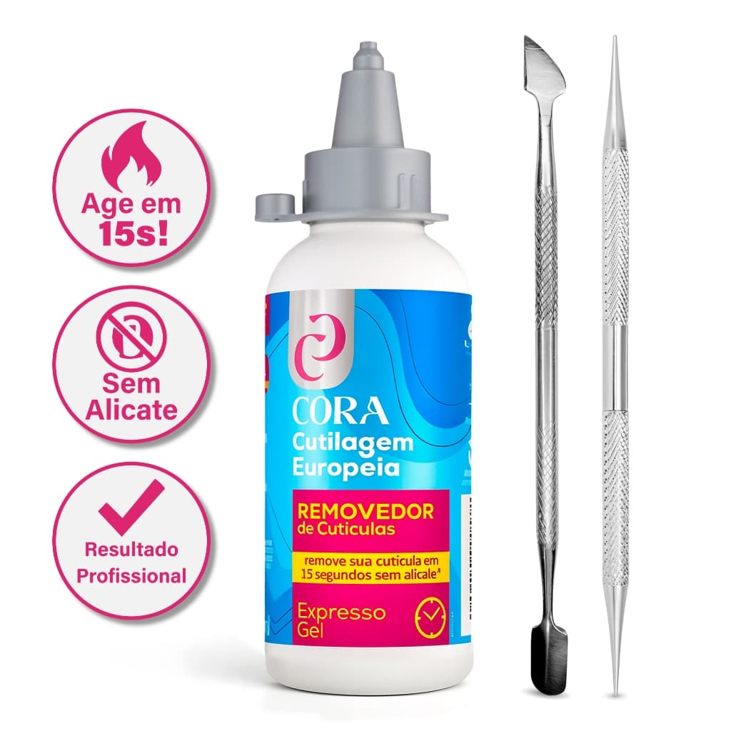 Kit Gel Removedor Cutícula Cora Caneta Hidratante Espátula e Palito Dupla Ponta Bella Inox