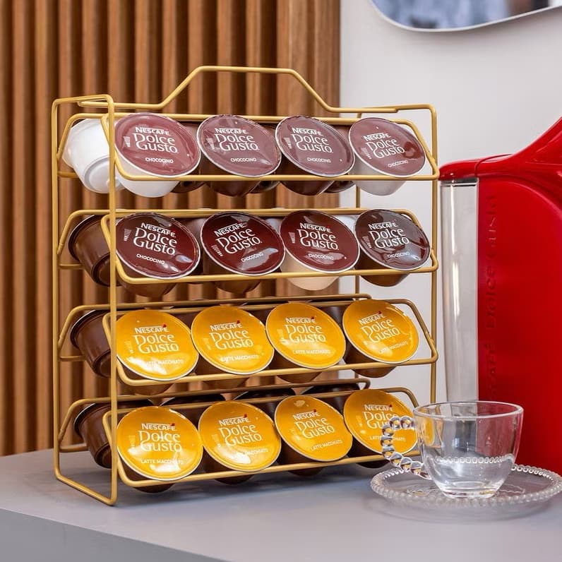 Suporte Porta Cápsulas de Café Dolce Gusto 32 unidades Reforçado Preto Dourado Organizador Suporte bancada
